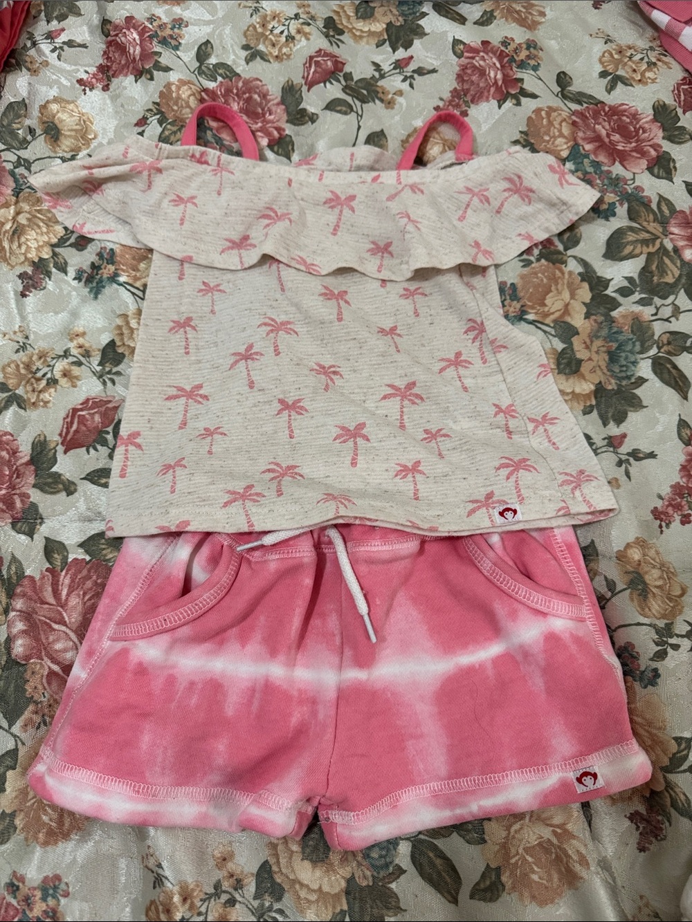Appaman Cream and Pink Palm Print Ruffle Tank with Pink Tie-Dye Shorts